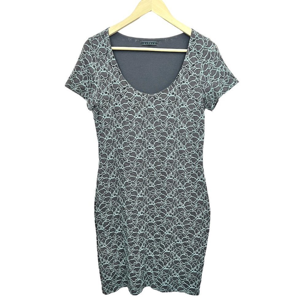 Velvet Gray and Blue Sheath Dress Stretchy Scoop Neck Short Sleeve Size Large